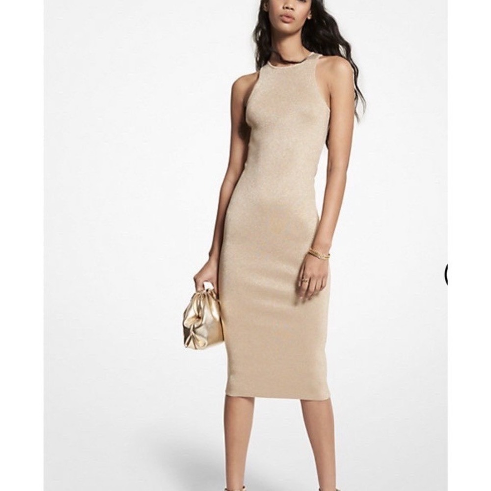 Michael Kors Beige Metallic Midi Dress